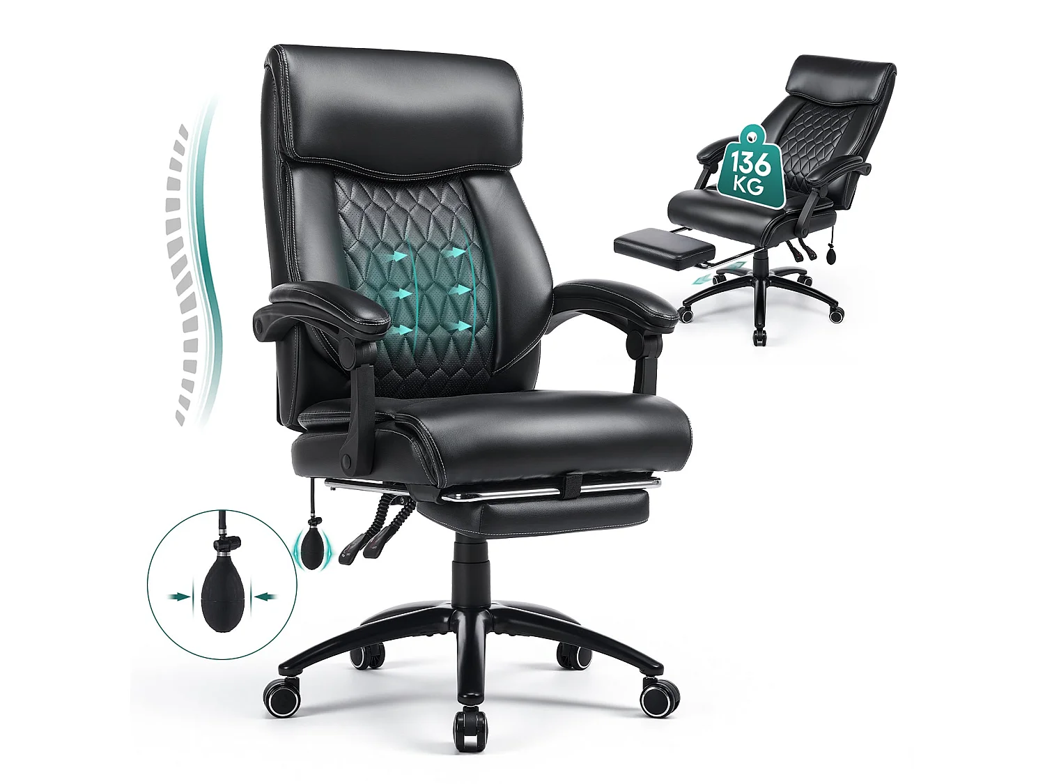Fauteuil de Bureau Ergonomique avec Repose-Pieds Rétractable, Dossier Haut Inclinable 90°-130°, Similicuir, Noir