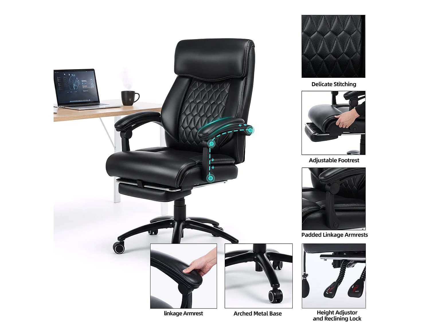 Fauteuil de Bureau Ergonomique avec Repose-Pieds Rétractable, Dossier Haut Inclinable 90°-130°, Similicuir, Noir