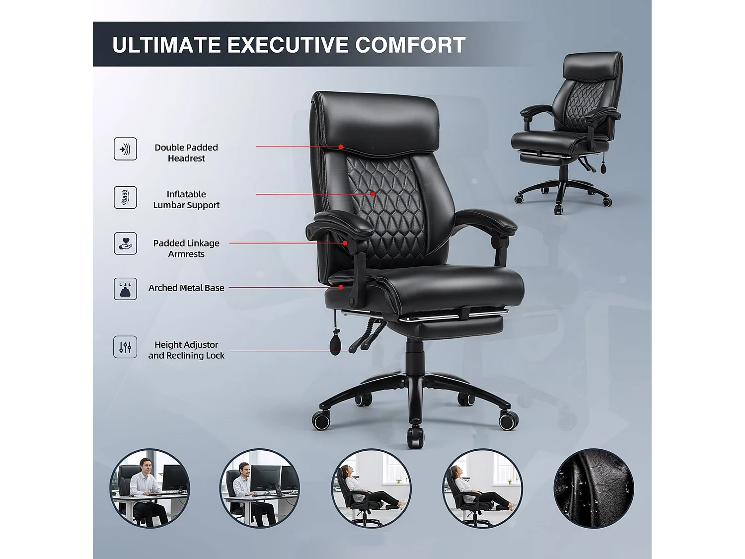 Fauteuil de Bureau Ergonomique avec Repose-Pieds Rétractable, Dossier Haut Inclinable 90°-130°, Similicuir, Noir