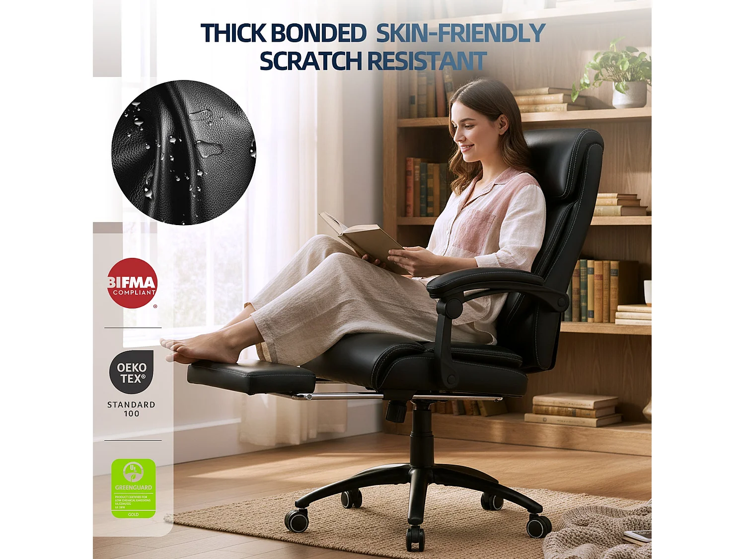 Fauteuil de Bureau Ergonomique avec Repose-Pieds Rétractable, Dossier Haut Inclinable 90°-130°, Similicuir, Noir