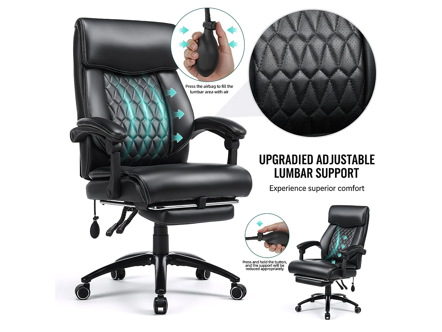 Fauteuil de Bureau Ergonomique avec Repose-Pieds Rétractable, Dossier Haut Inclinable 90°-130°, Similicuir, Noir