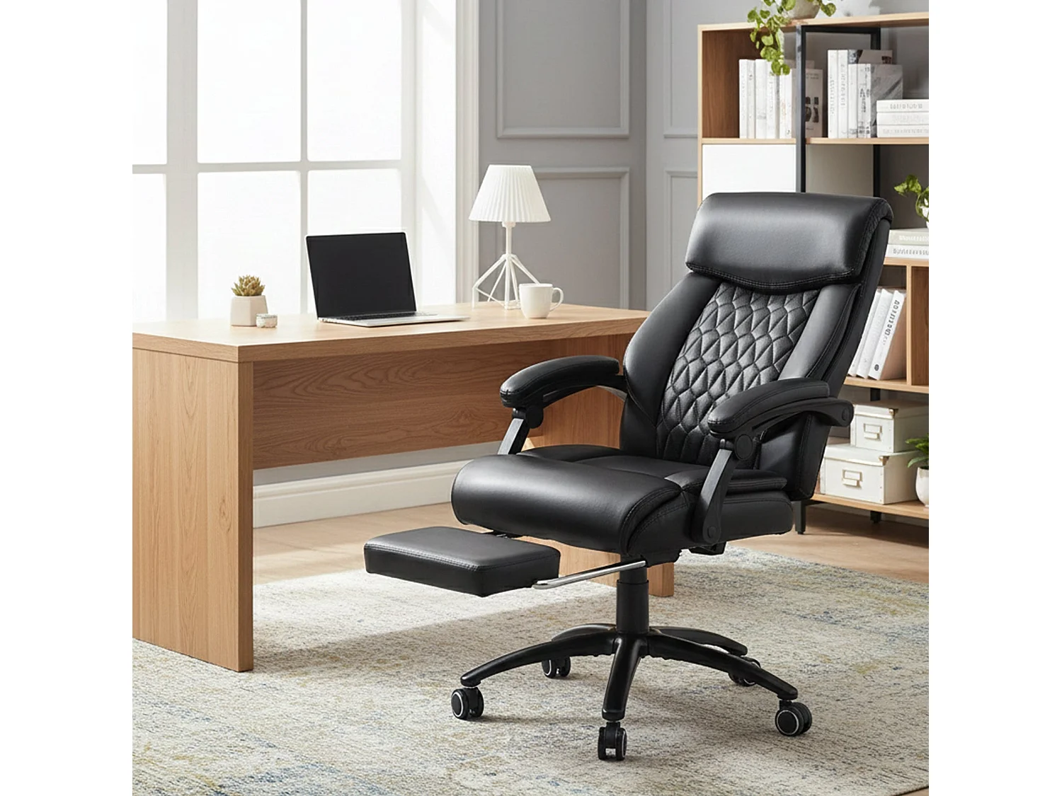 Fauteuil de Bureau Ergonomique avec Repose-Pieds Rétractable, Dossier Haut Inclinable 90°-130°, Similicuir, Noir