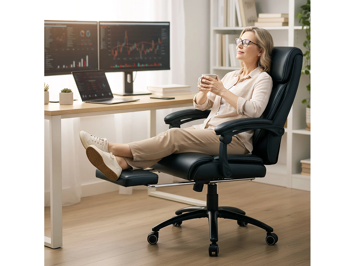 Poltrona da ufficio ergonomica con poggiapiedi retrattile, schienale alto reclinabile 90°-130°, similpelle, nero