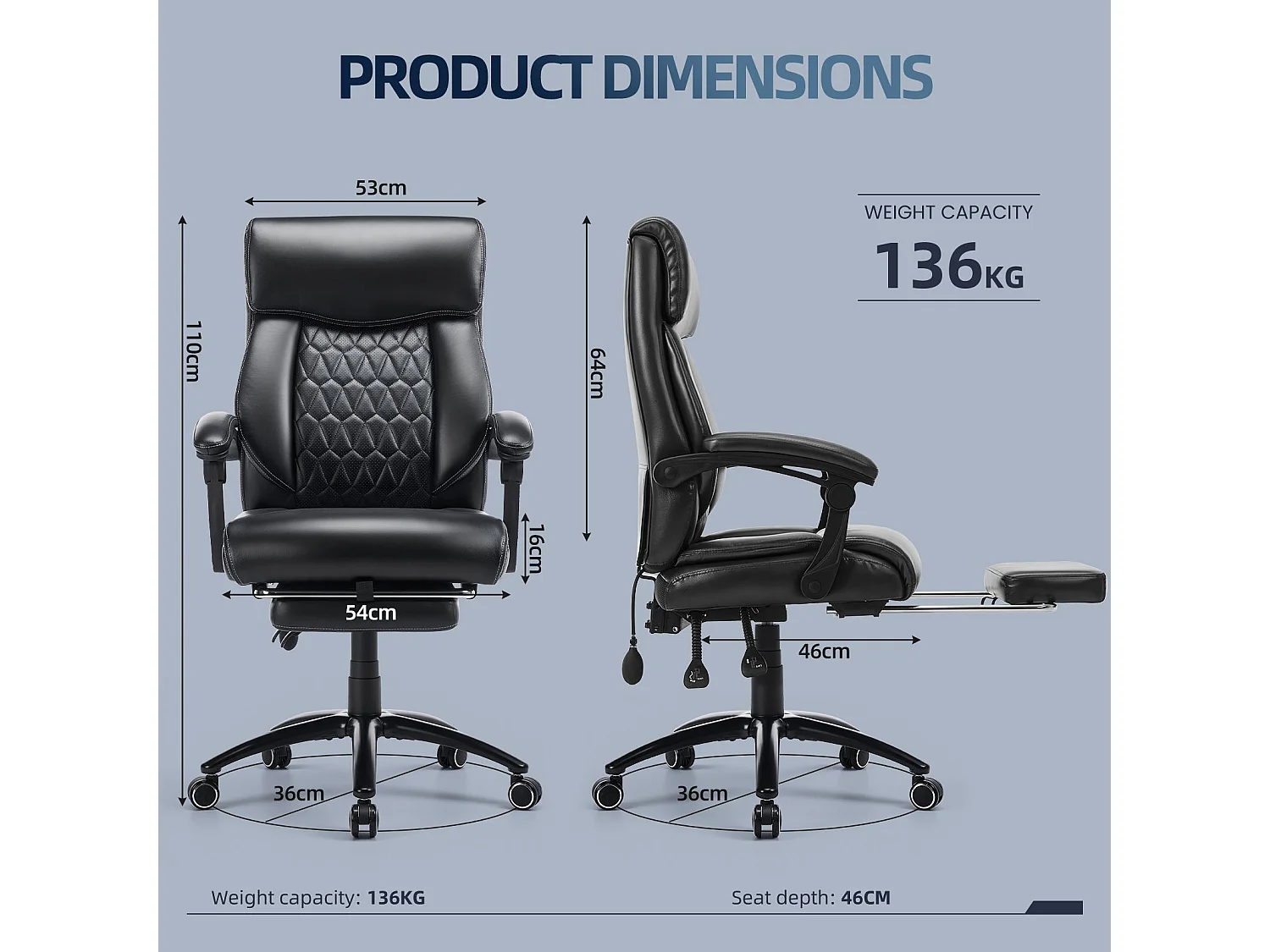 Poltrona da ufficio ergonomica con poggiapiedi retrattile, schienale alto reclinabile 90°-130°, similpelle, nero