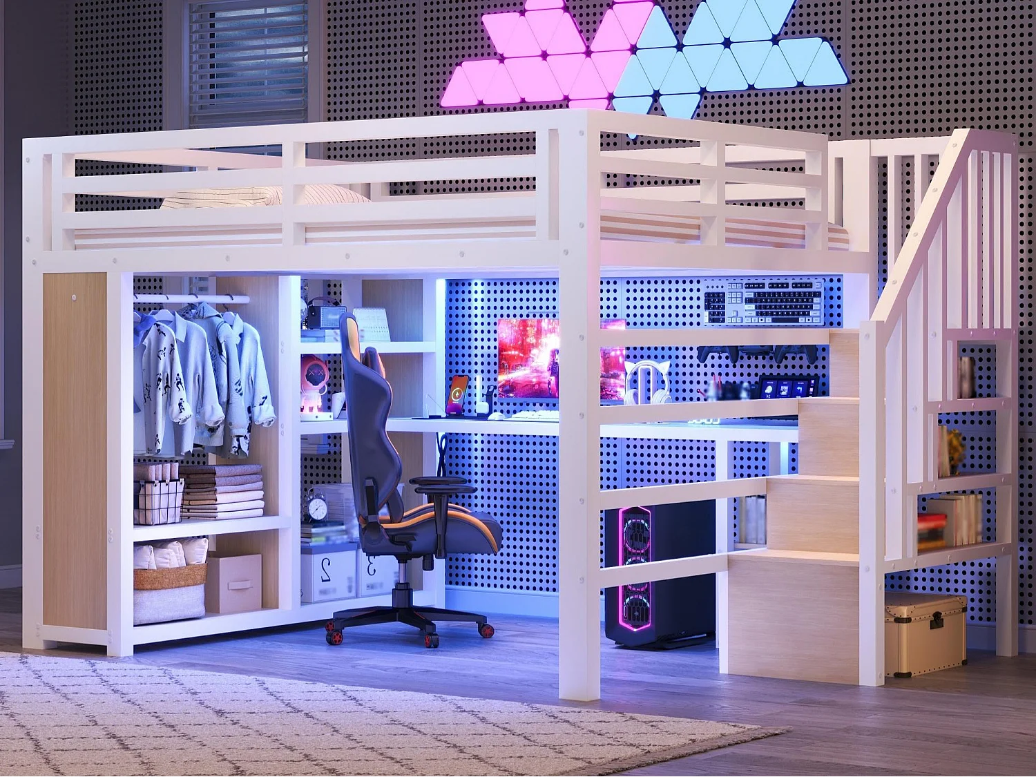 Lit mezzanine en métal 160 x 200 cm - LED et port USB - Bureau, penderie ouverte et échelle de rangement - Blanc (sans matelas)