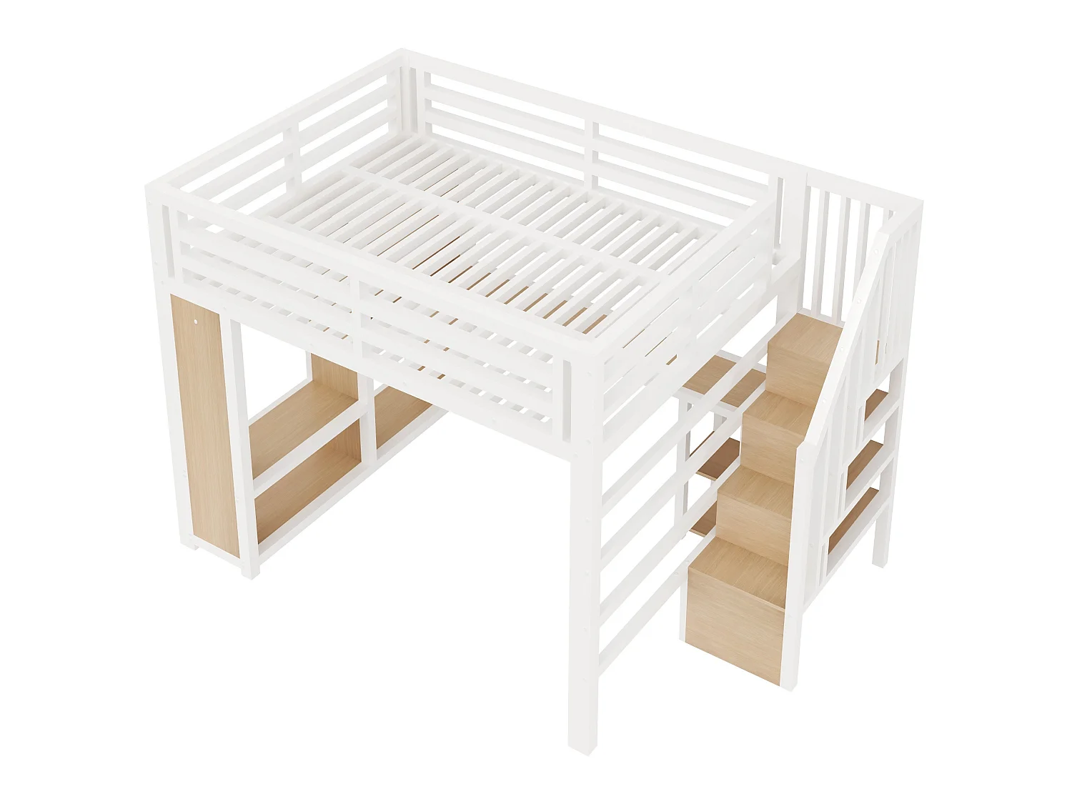 Lit mezzanine en métal 160 x 200 cm - LED et port USB - Bureau, penderie ouverte et échelle de rangement - Blanc (sans matelas)