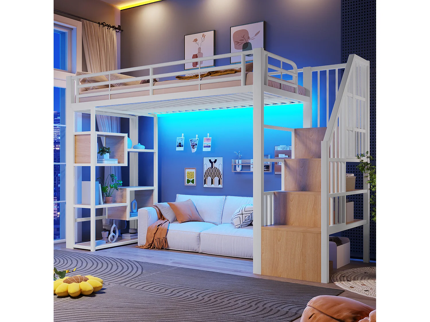 Mezzanine bed 90 x 200 cm - with storage compartments - with safety barriers - with LED lighting - white (mattress not included)