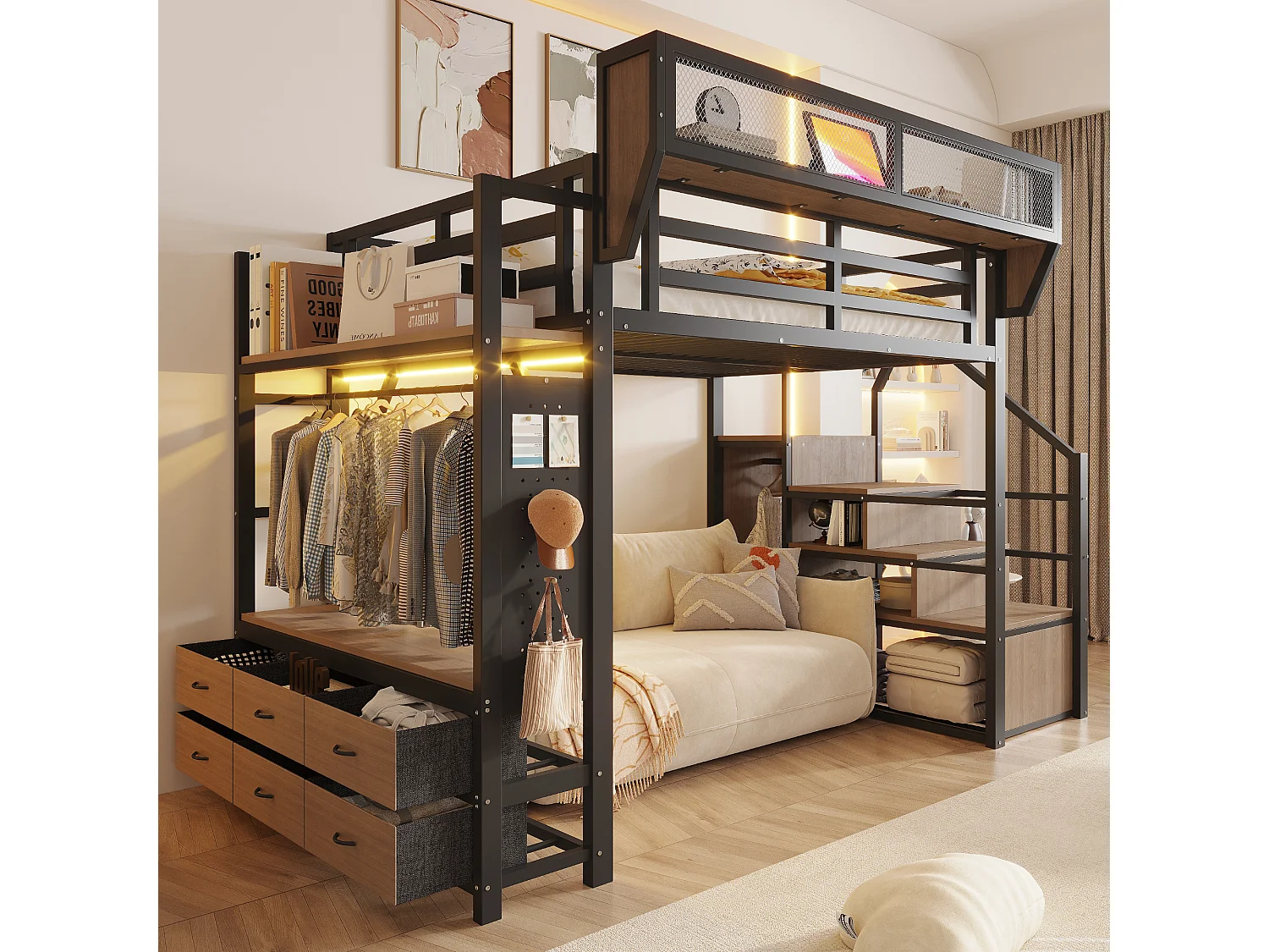 Metal mezzanine bed 140 x 200 cm - with storage compartments - with 6 drawers - with storage baskets - with LED lighting - black (mattress not included)