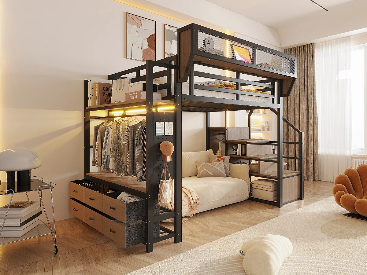 Metal mezzanine bed 140 x 200 cm - with storage compartments - with 6 drawers - with storage baskets - with LED lighting - black (mattress not included)