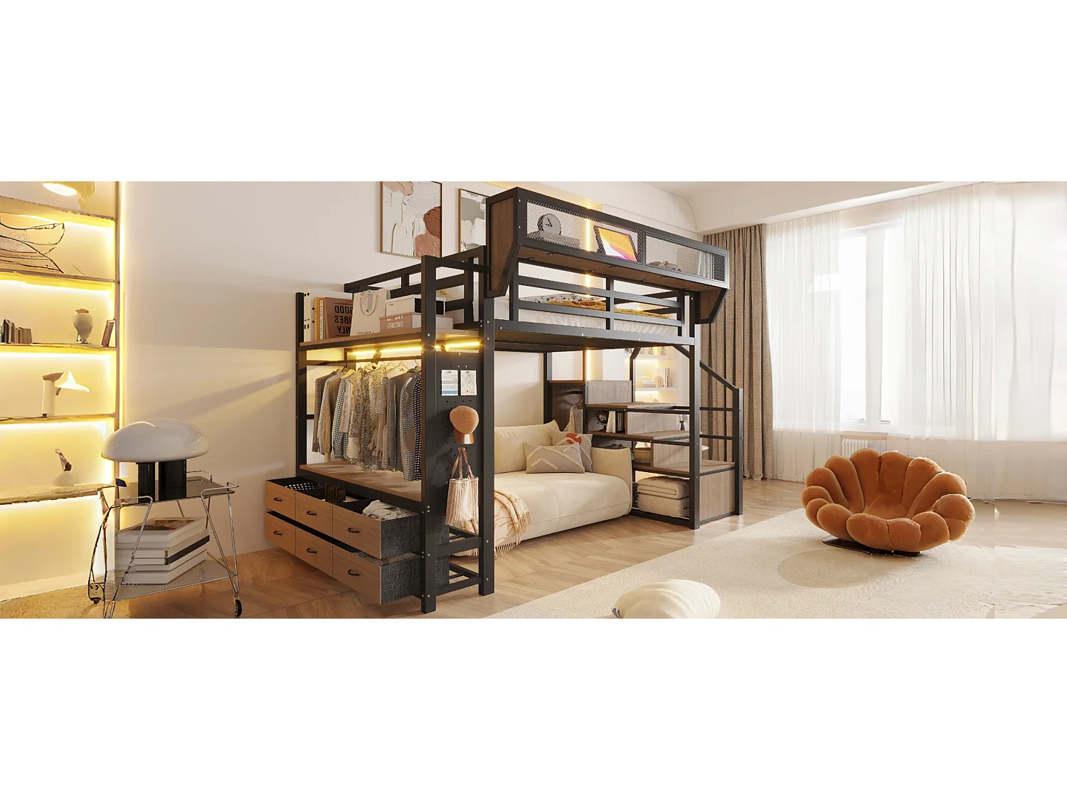 Metal mezzanine bed 140 x 200 cm - with storage compartments - with 6 drawers - with storage baskets - with LED lighting - black (mattress not included)