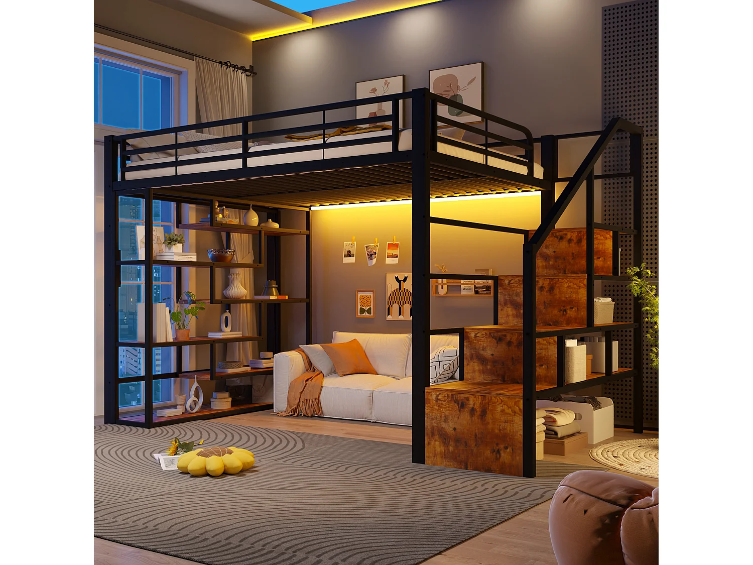 Loft bed 140 x 200 cm - with storage compartments - with safety barriers and ladder - with LED lighting - black (mattress not included)