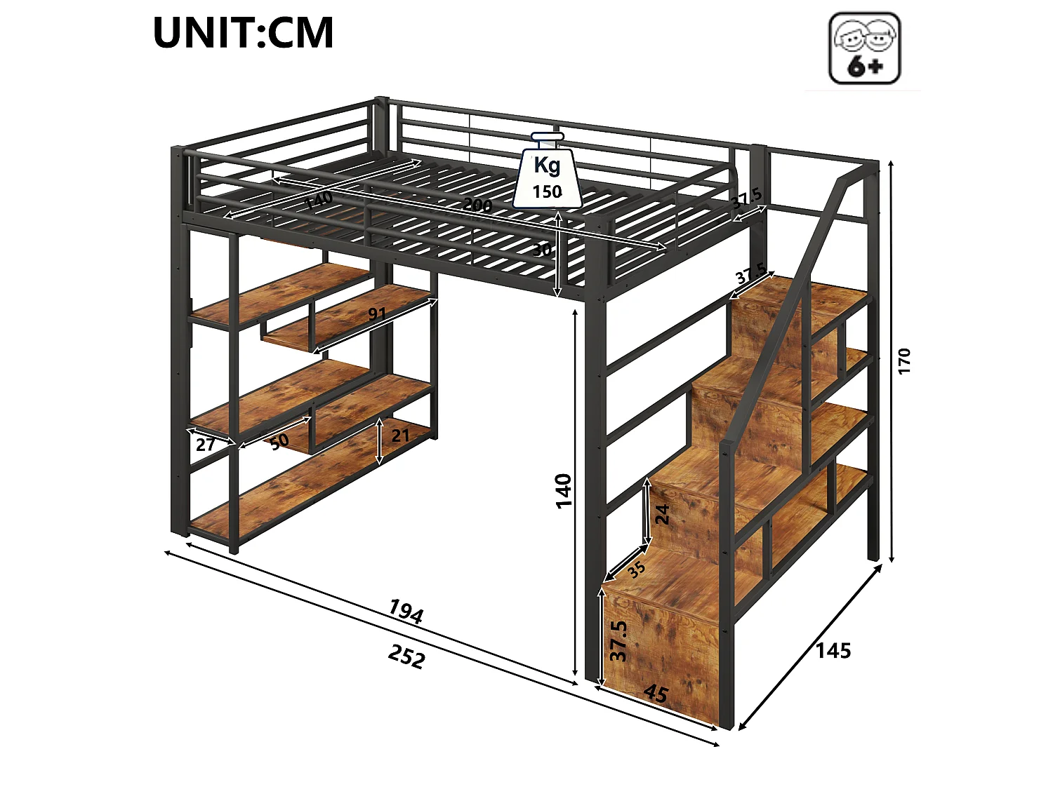 Loft bed 140 x 200 cm - with storage compartments - with safety barriers and ladder - with LED lighting - black (mattress not included)