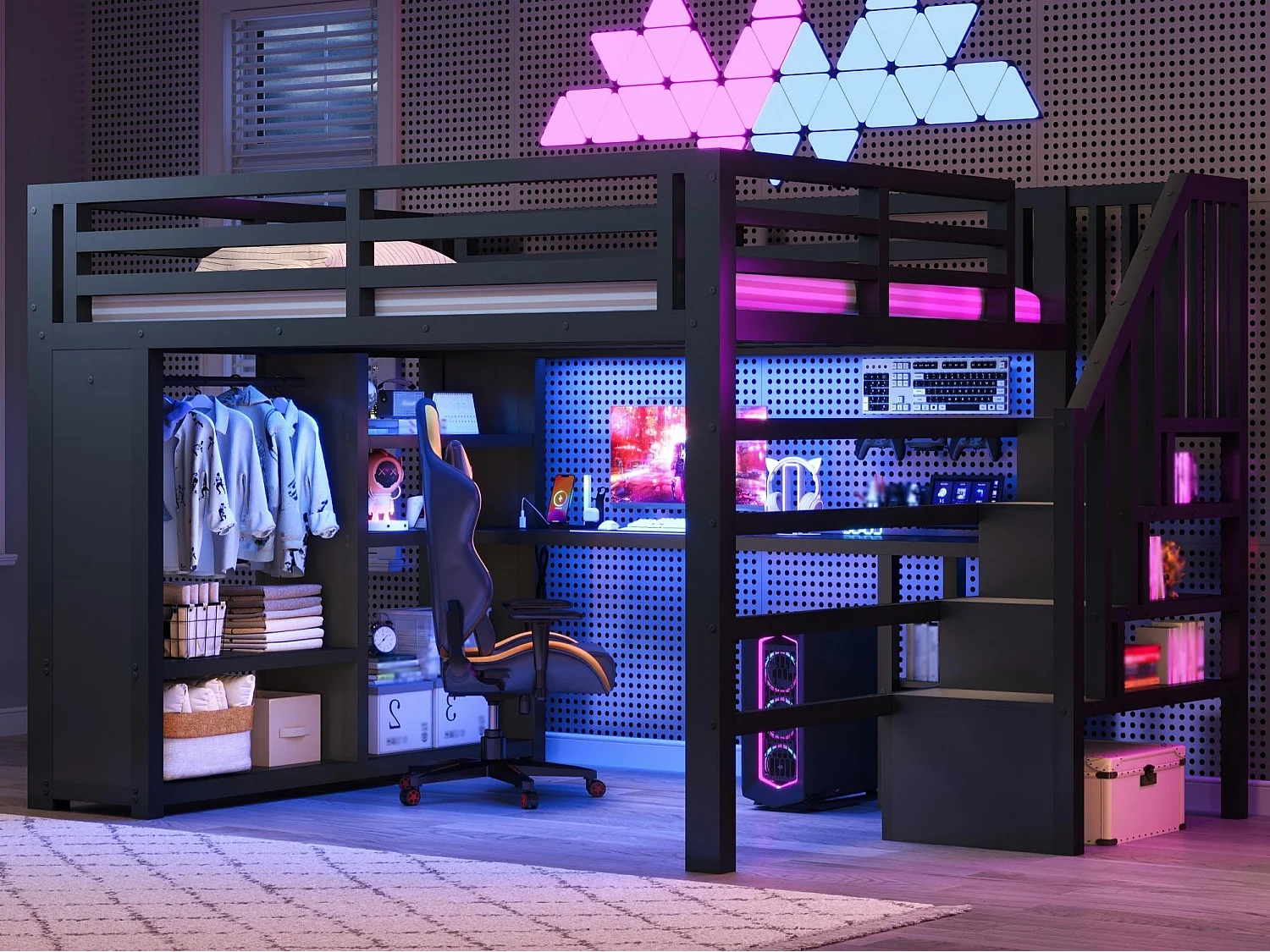 Lit mezzanine en métal 140 x 200 cm - LED et port USB - Bureau, penderie ouverte et échelle de rangement - Noir(sans matelas)