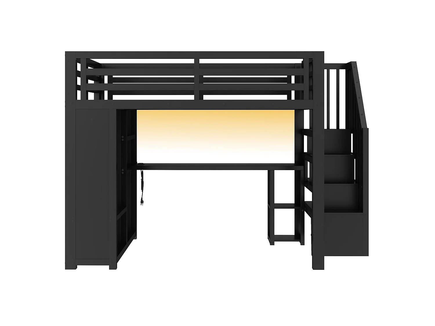 Lit mezzanine en métal 140 x 200 cm - LED et port USB - Bureau, penderie ouverte et échelle de rangement - Noir(sans matelas)