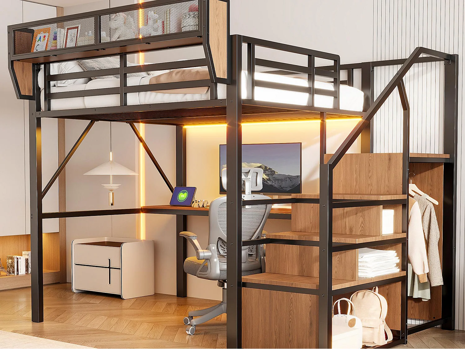 Lit mezzanine 140 x 200 cm - avec éclairage LED - avec échelle de sécurité - avec compartiments de rangement - noir (matelas non inclus)