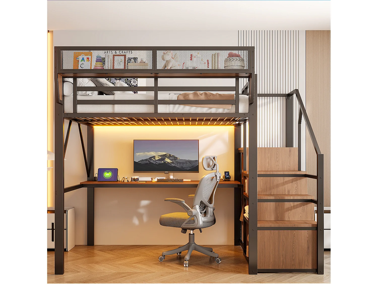 Lit mezzanine 140 x 200 cm - avec éclairage LED - avec échelle de sécurité - avec compartiments de rangement - noir (matelas non inclus)