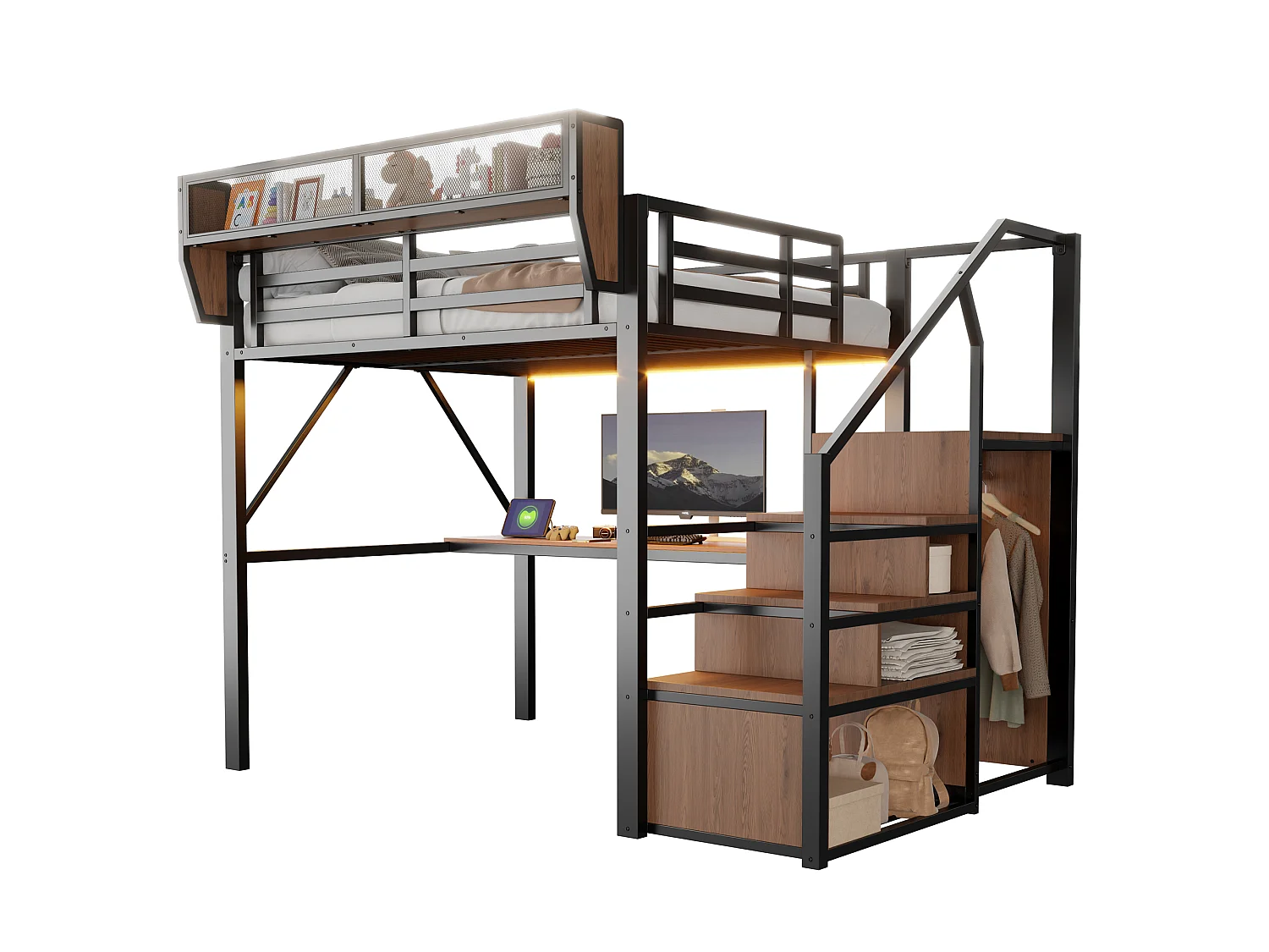 Lit mezzanine 140 x 200 cm - avec éclairage LED - avec échelle de sécurité - avec compartiments de rangement - noir (matelas non inclus)