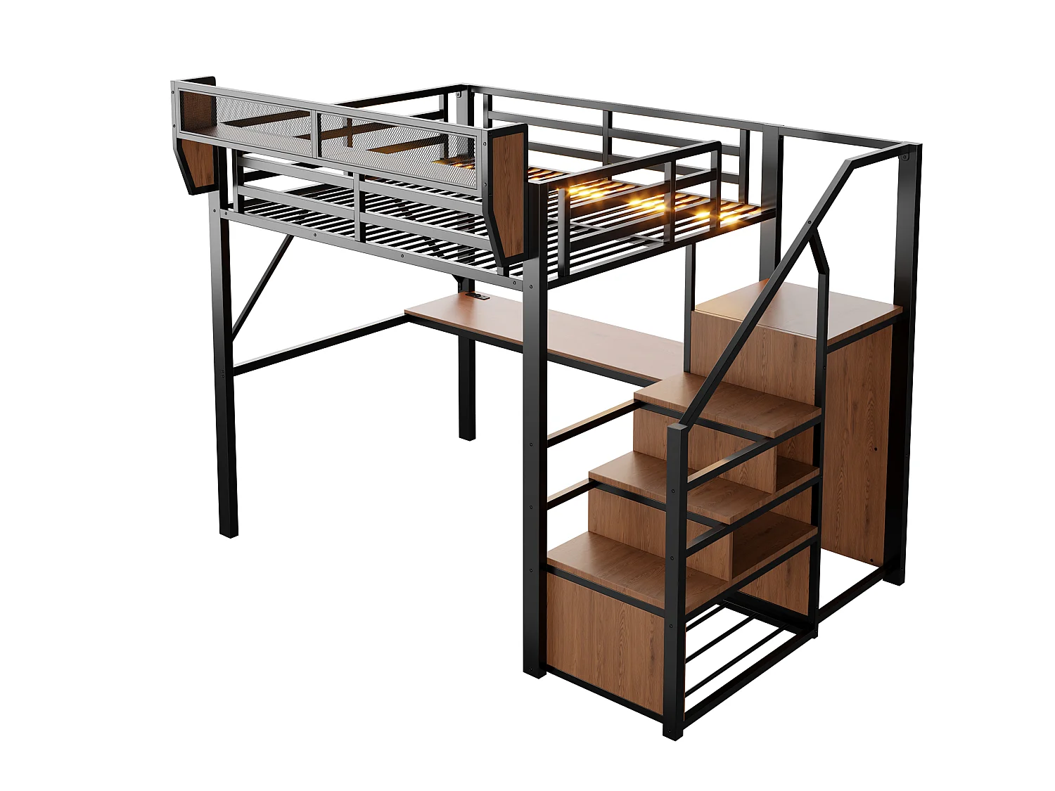 Lit mezzanine 140 x 200 cm - avec éclairage LED - avec échelle de sécurité - avec compartiments de rangement - noir (matelas non inclus)