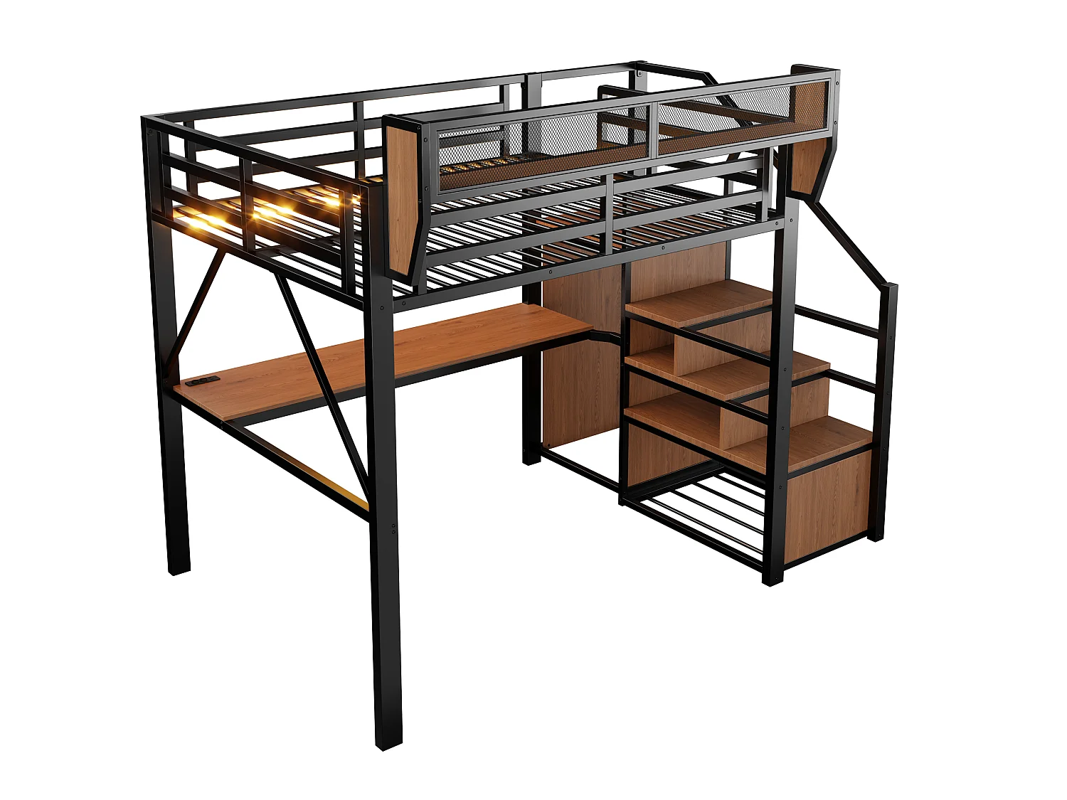 Lit mezzanine 140 x 200 cm - avec éclairage LED - avec échelle de sécurité - avec compartiments de rangement - noir (matelas non inclus)