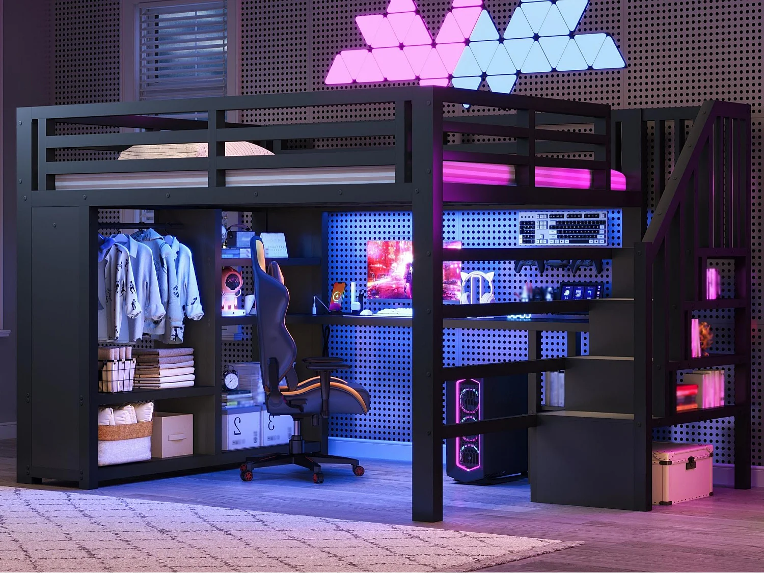 Lit mezzanine en métal 160 x 200 cm - LED et port USB - Bureau, penderie ouverte et échelle de rangement - Noir (sans matelas)
