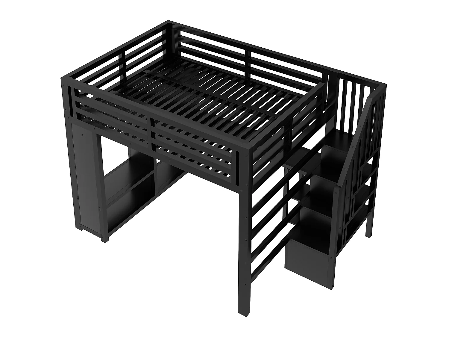 Lit mezzanine en métal 160 x 200 cm - LED et port USB - Bureau, penderie ouverte et échelle de rangement - Noir (sans matelas)