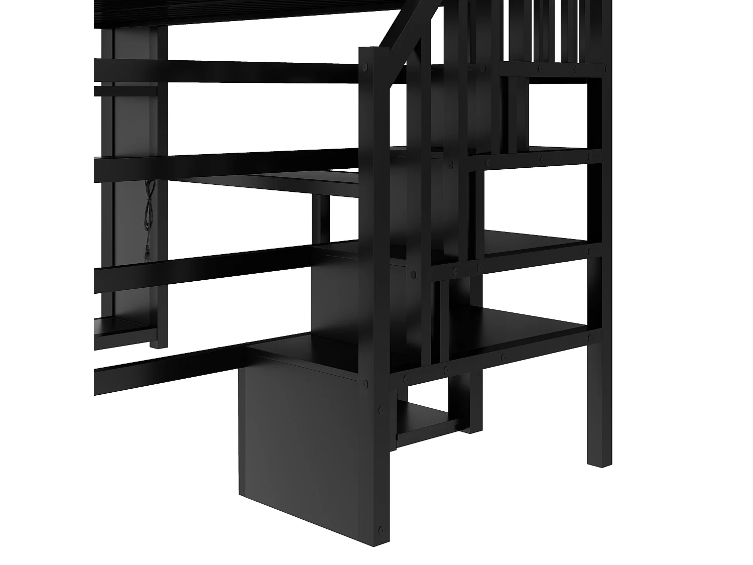 Lit mezzanine en métal 160 x 200 cm - LED et port USB - Bureau, penderie ouverte et échelle de rangement - Noir (sans matelas)