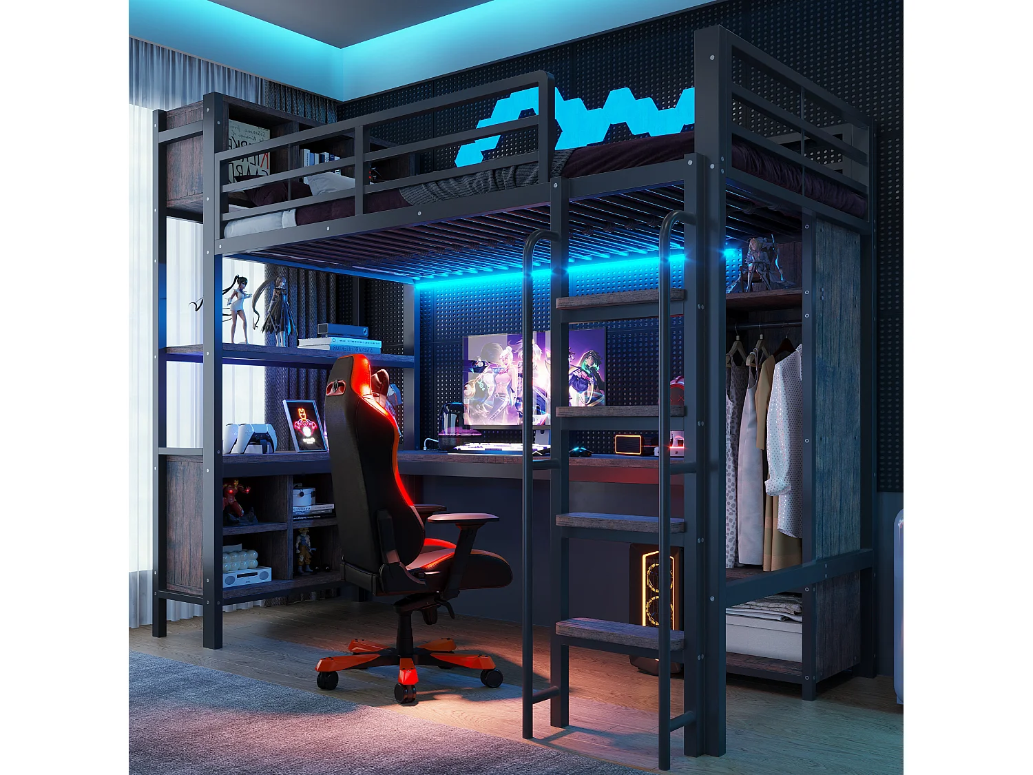 Mezzanine bed 90 x 200 cm - with wardrobe + storage compartments - with LED lighting - with electrical outlet - black (mattress not included)