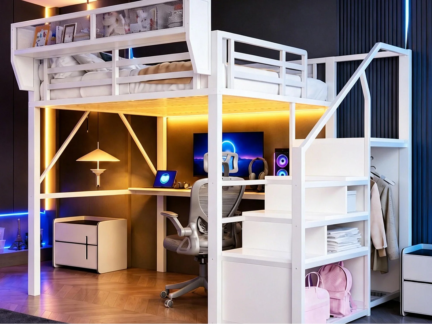 Lit mezzanine 140 x 200 cm - avec éclairage LED - avec échelle de sécurité - avec compartiments de rangement - blanc (matelas non inclus)
