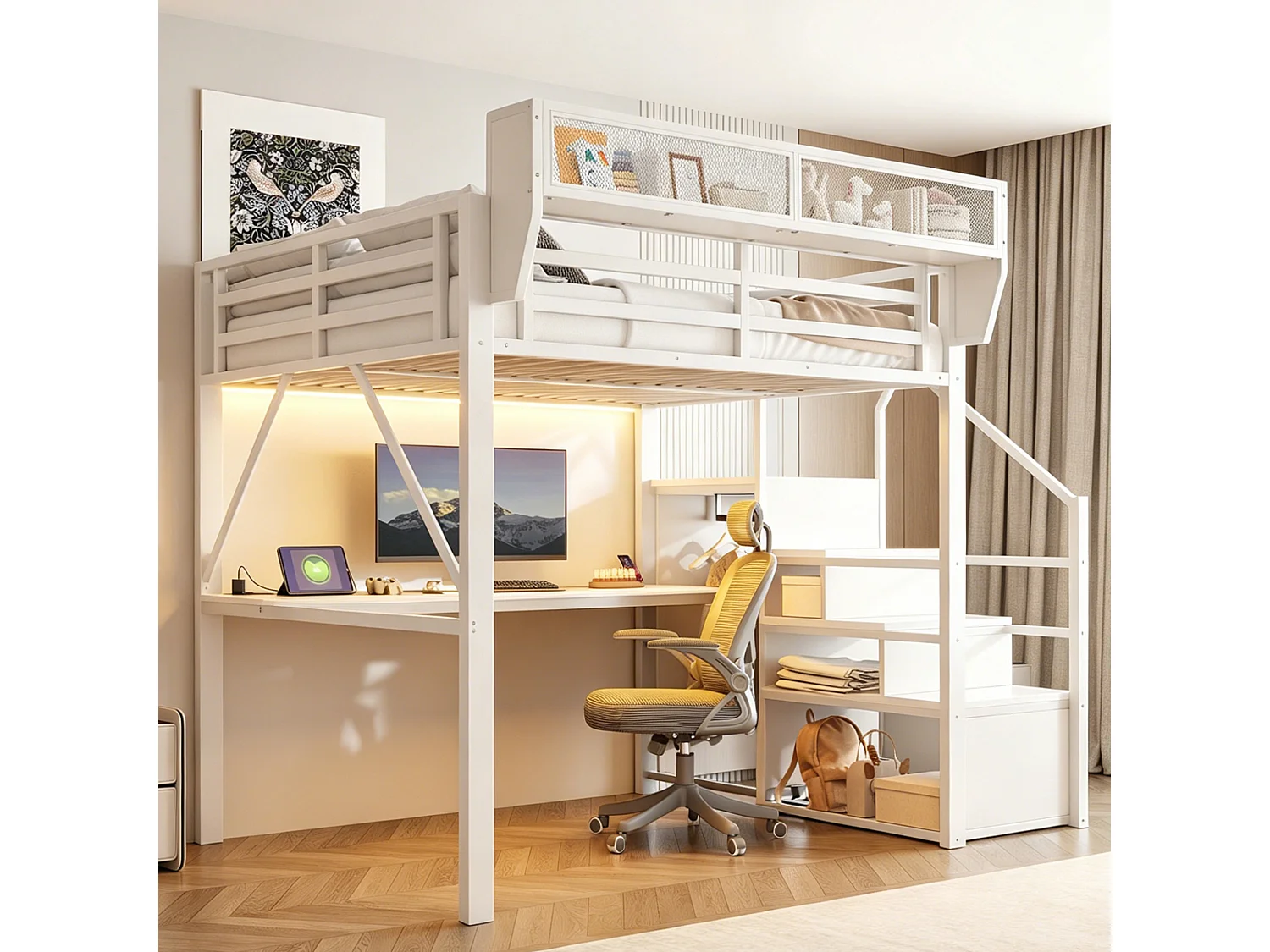 Lit mezzanine 140 x 200 cm - avec éclairage LED - avec échelle de sécurité - avec compartiments de rangement - blanc (matelas non inclus)