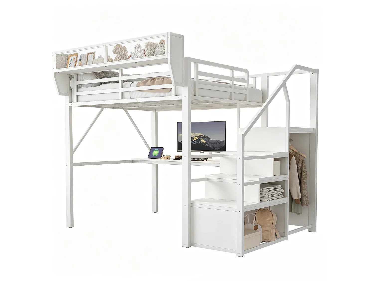 Lit mezzanine 140 x 200 cm - avec éclairage LED - avec échelle de sécurité - avec compartiments de rangement - blanc (matelas non inclus)