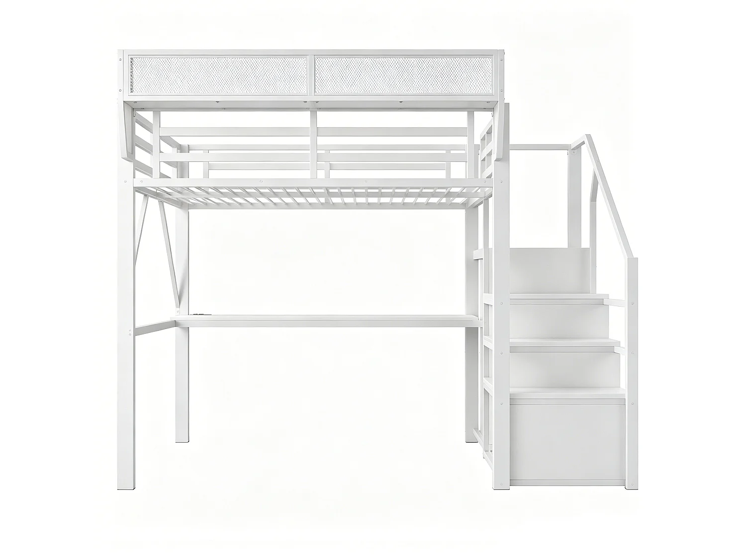 Lit mezzanine 140 x 200 cm - avec éclairage LED - avec échelle de sécurité - avec compartiments de rangement - blanc (matelas non inclus)