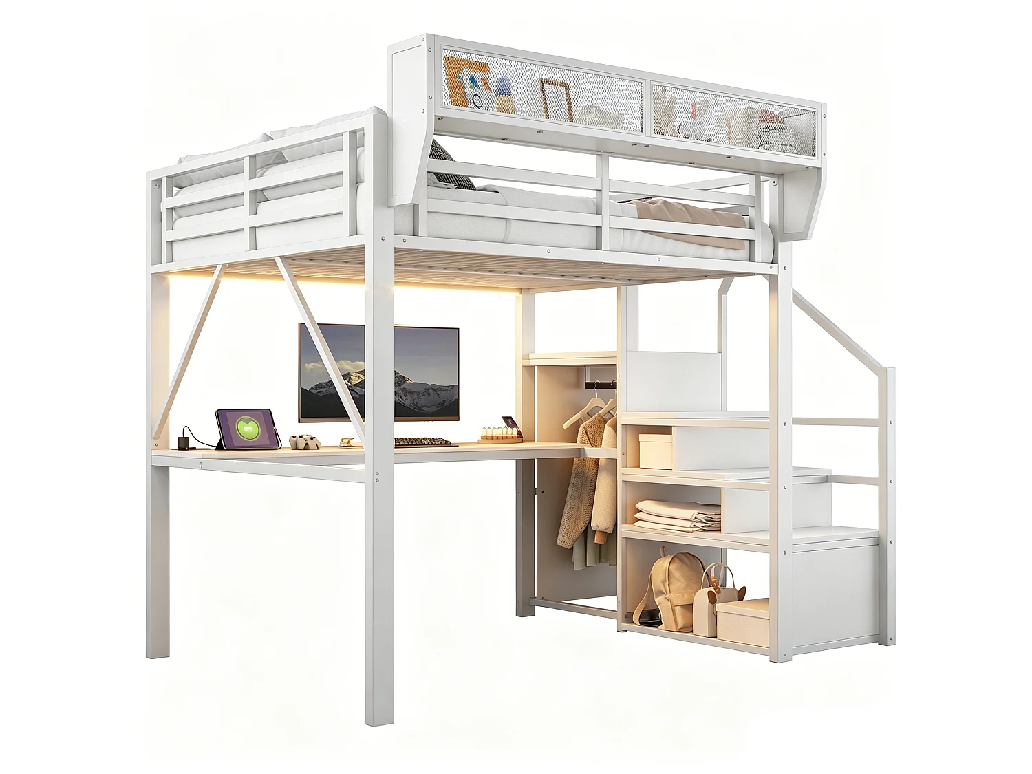Lit mezzanine 140 x 200 cm - avec éclairage LED - avec échelle de sécurité - avec compartiments de rangement - blanc (matelas non inclus)