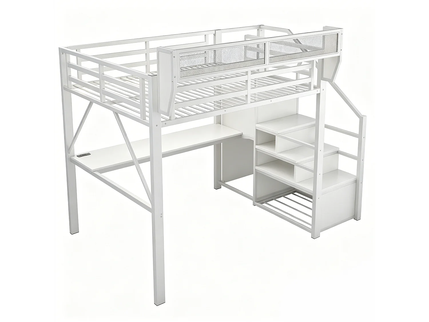 Lit mezzanine 140 x 200 cm - avec éclairage LED - avec échelle de sécurité - avec compartiments de rangement - blanc (matelas non inclus)