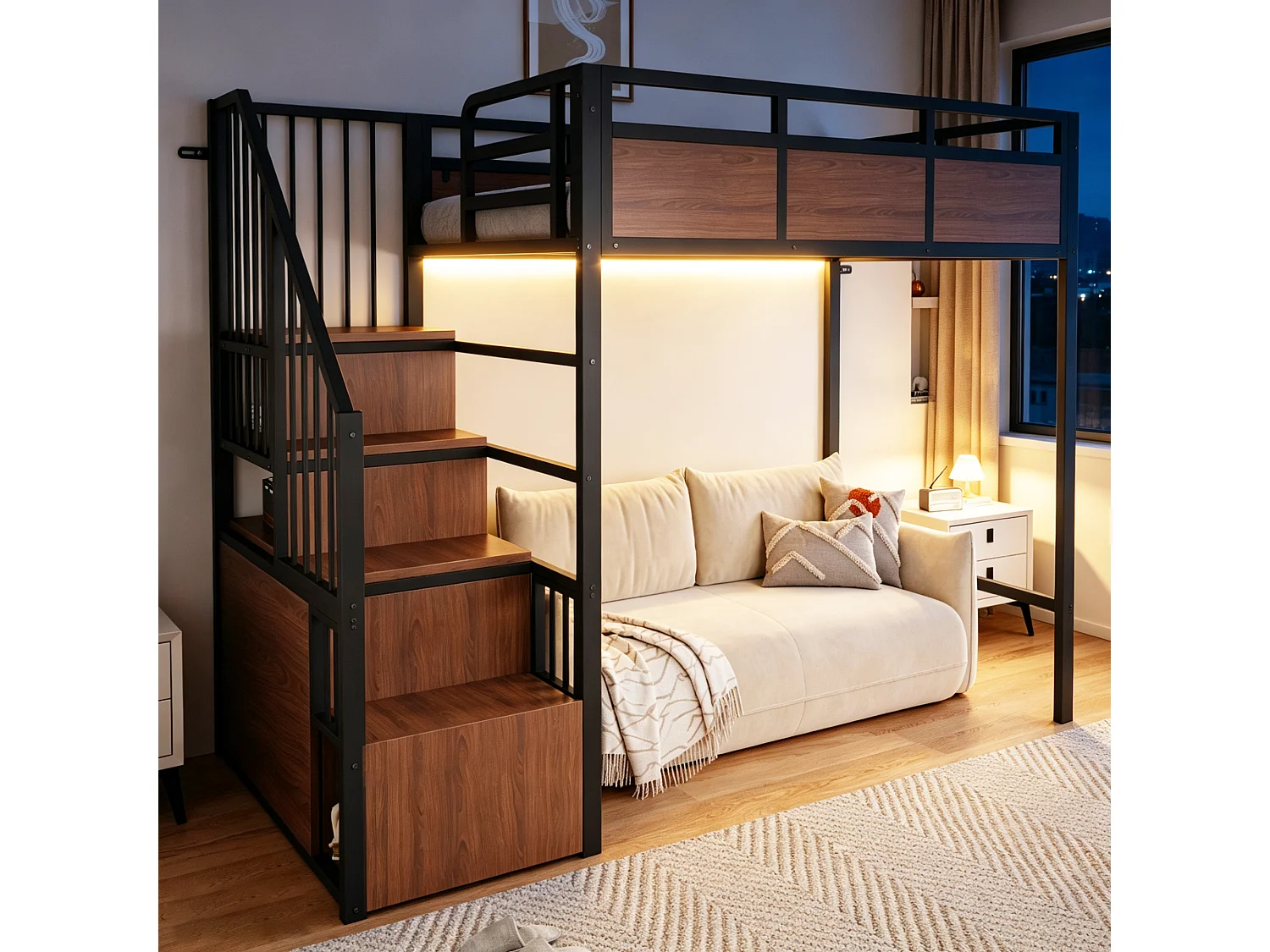 Metal mezzanine bed 90 x 200 cm - with safety barriers - with storage ladder - with LED lighting - black (mattress not included)