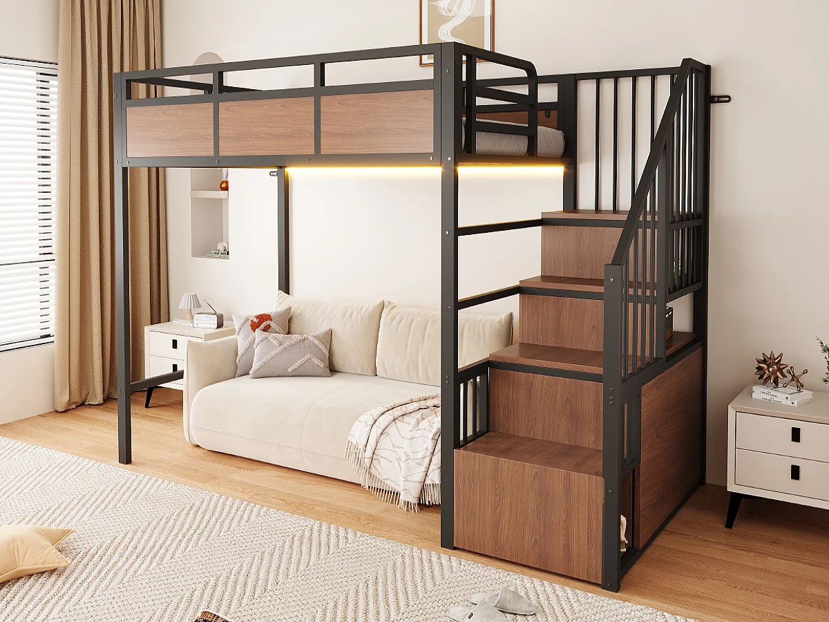 Metal mezzanine bed 90 x 200 cm - with safety barriers - with storage ladder - with LED lighting - black (mattress not included)