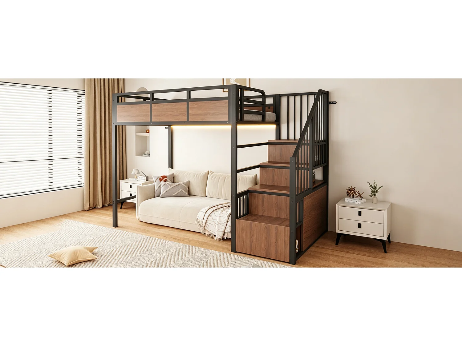 Metal mezzanine bed 90 x 200 cm - with safety barriers - with storage ladder - with LED lighting - black (mattress not included)