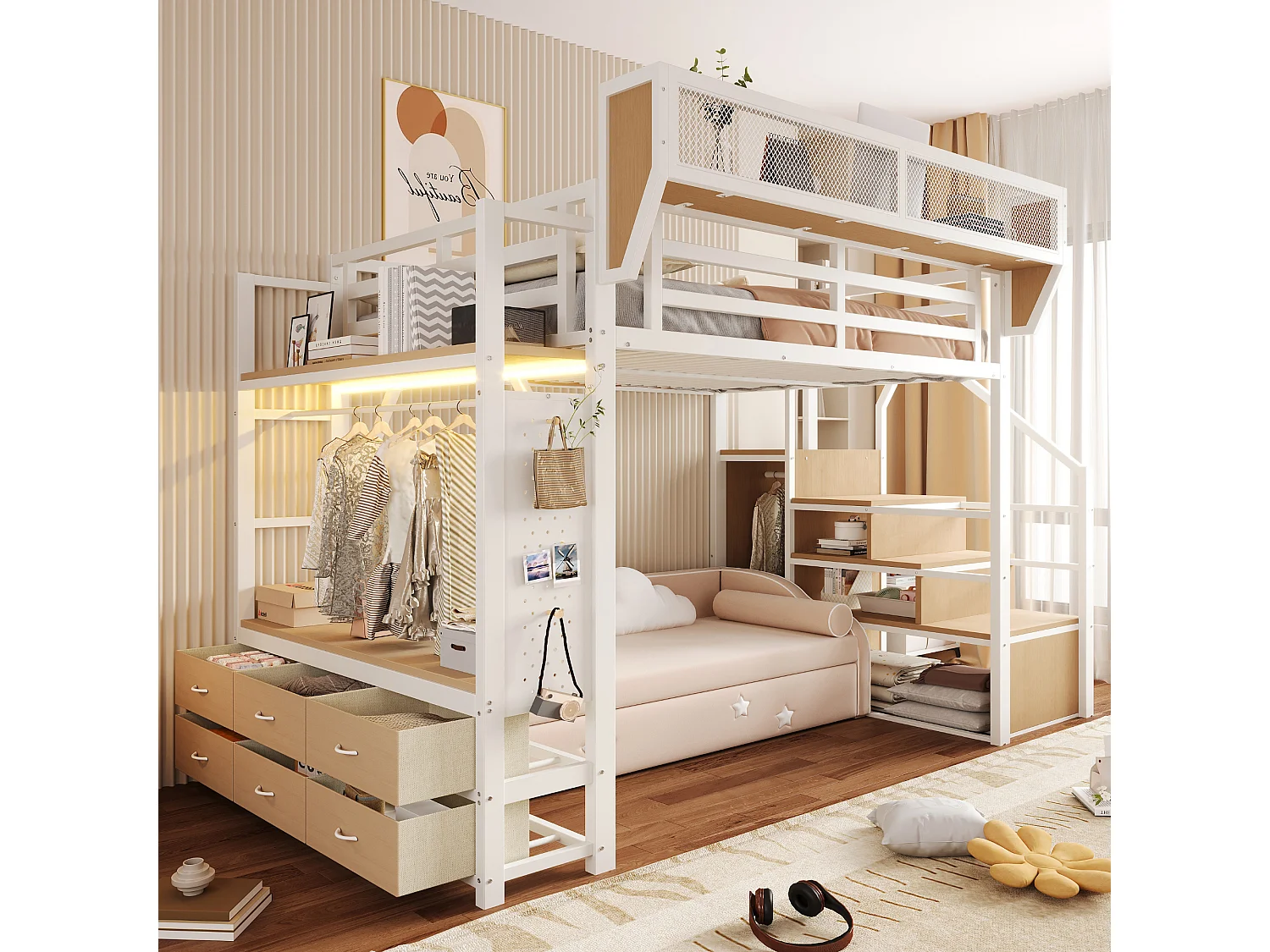 Metal mezzanine bed 140 x 200 cm - with storage compartments - with 6 drawers - with storage baskets - with LED lighting - white (mattress not included)
