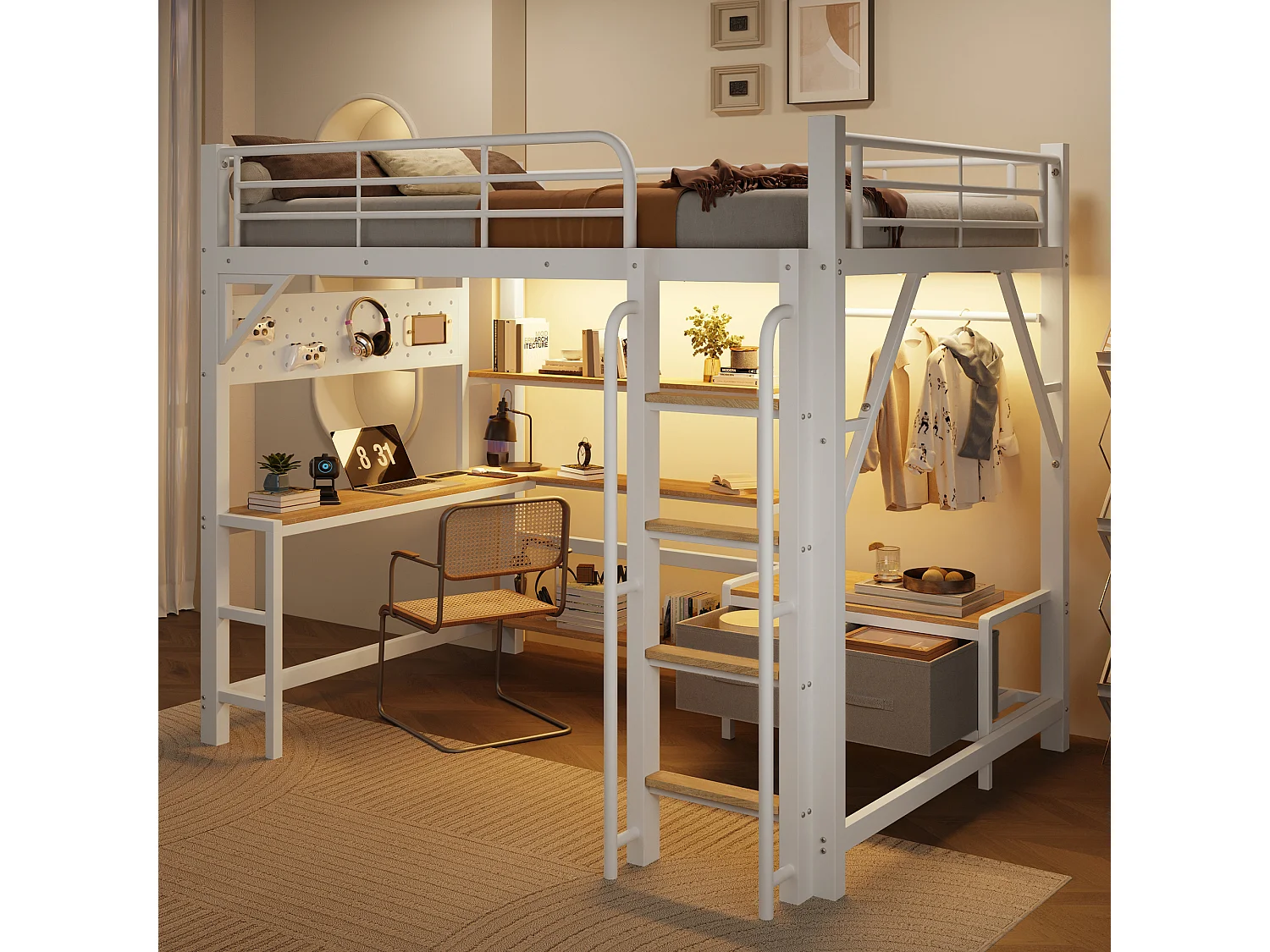 Loft bed 140 x 200 cm - with shelves - with 2 drawers - with desk - with USB port - with LED lighting - white (mattress not included)