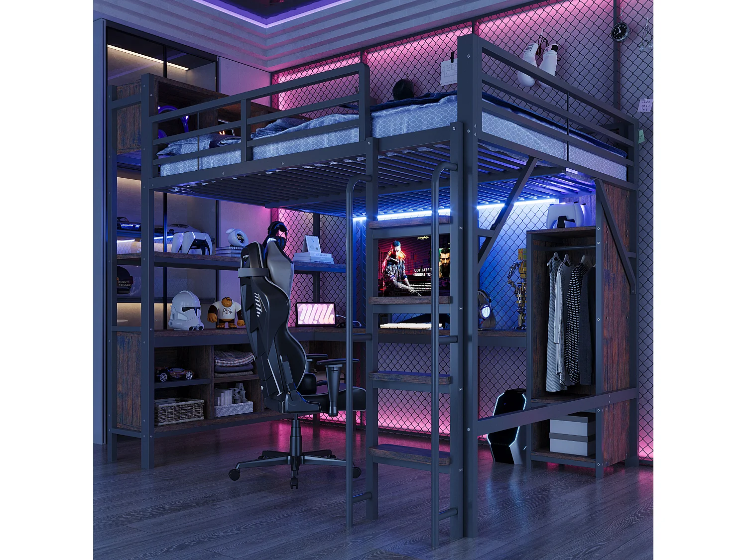 Mezzanine bed 140 x 200 cm - with wardrobe + storage compartments - with LED lighting - with electrical outlet - black (mattress not included)