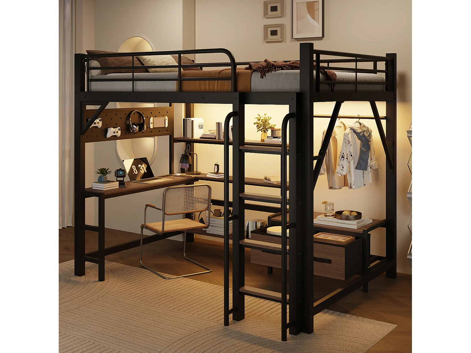 Loft bed 140 x 200 cm - with shelves - with 2 drawers - with desk - with USB port - with LED lighting - black (mattress not included)