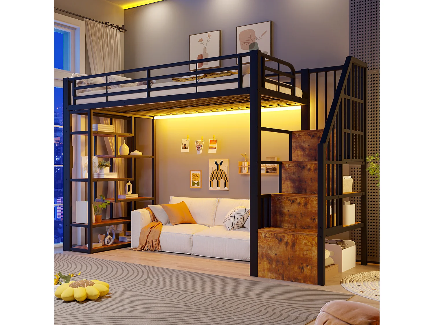 Mezzanine bed 90 x 200 cm - with storage compartments - safety barriers + ladder - with LED light strip - black (mattress not included)