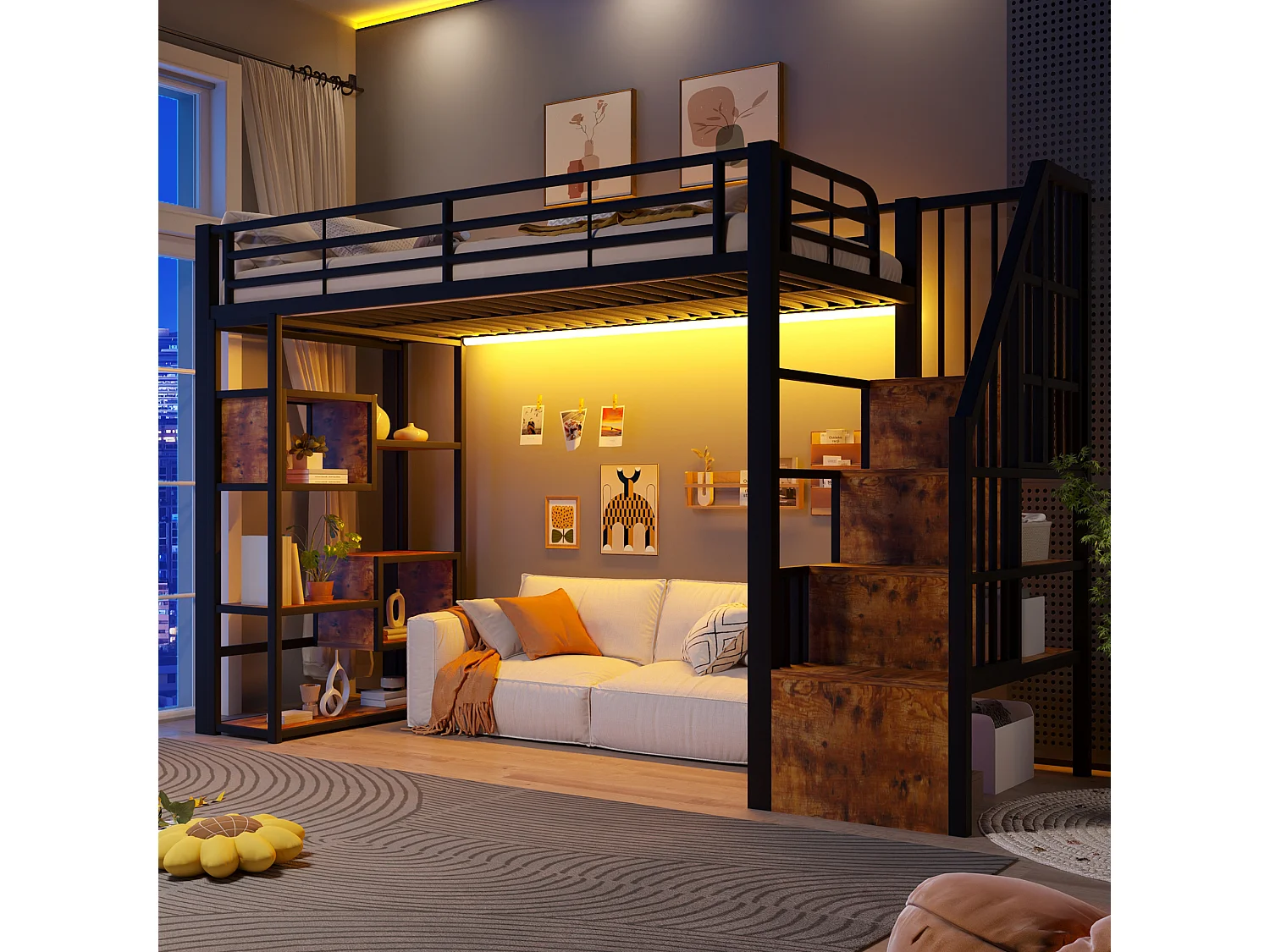 Loft bed 90 x 200 cm - with storage compartments - with safety barriers - with LED lighting - black (mattress not included)