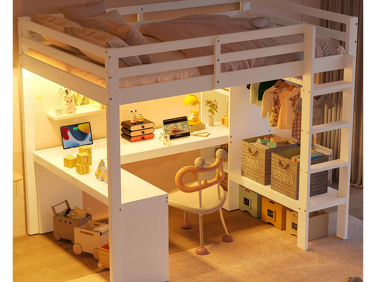 Mezzanine bed 90x200 cm - with desk - with open wardrobe - with LED and USB port - white (mattress not included)