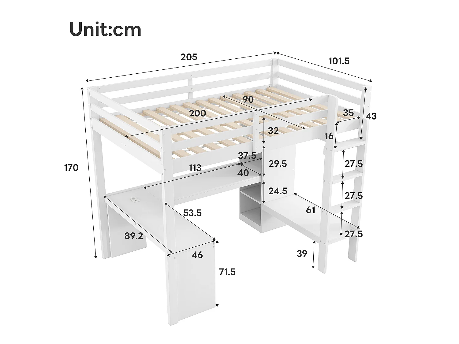 Mezzanine bed 90x200 cm - with desk - with open wardrobe - with LED and USB port - white (mattress not included)
