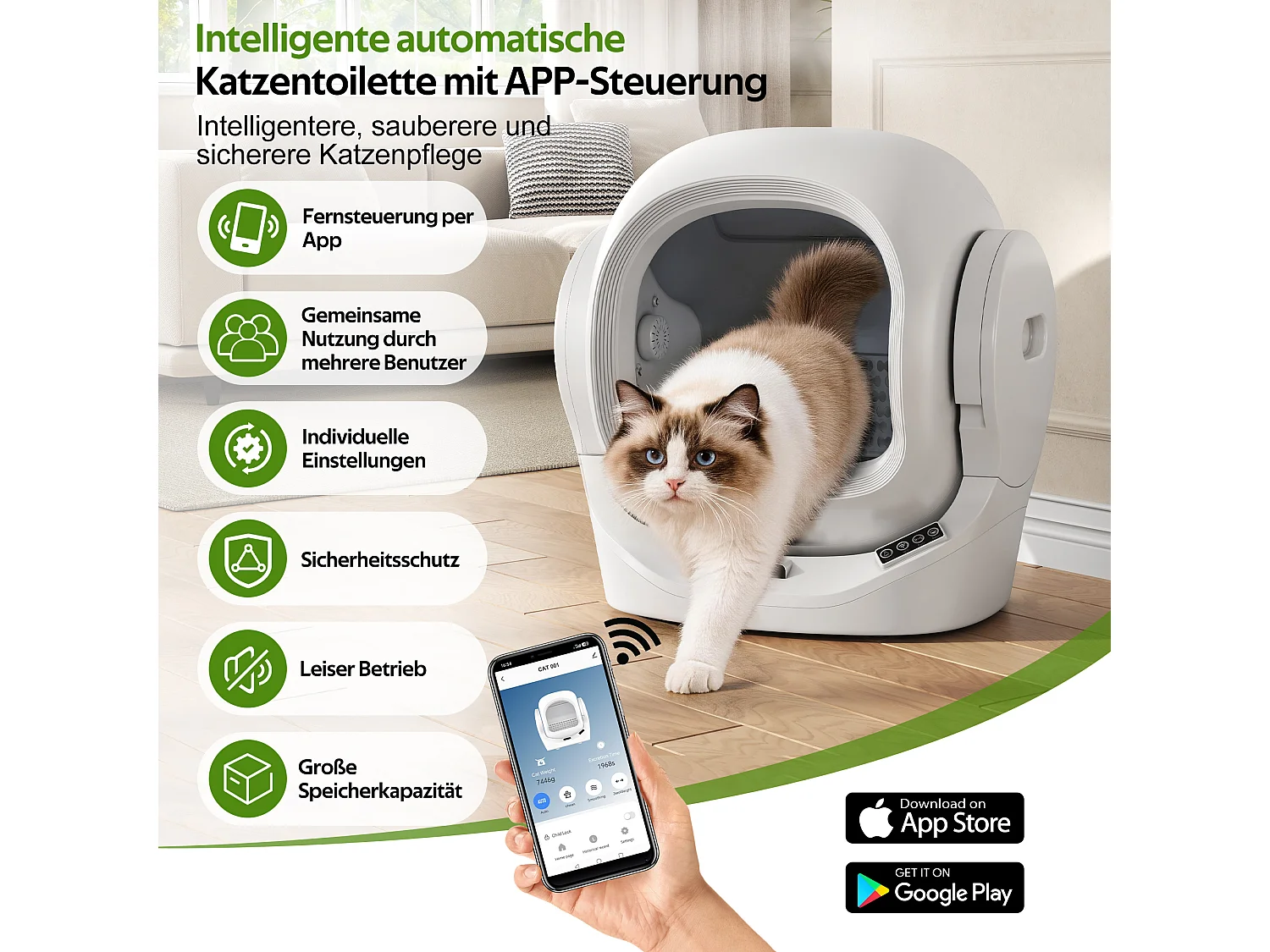Bac à litière intelligent - contrôlable via application - grande capacité de 68 L, poubelle de 8 L - sécurité enfant - blanc