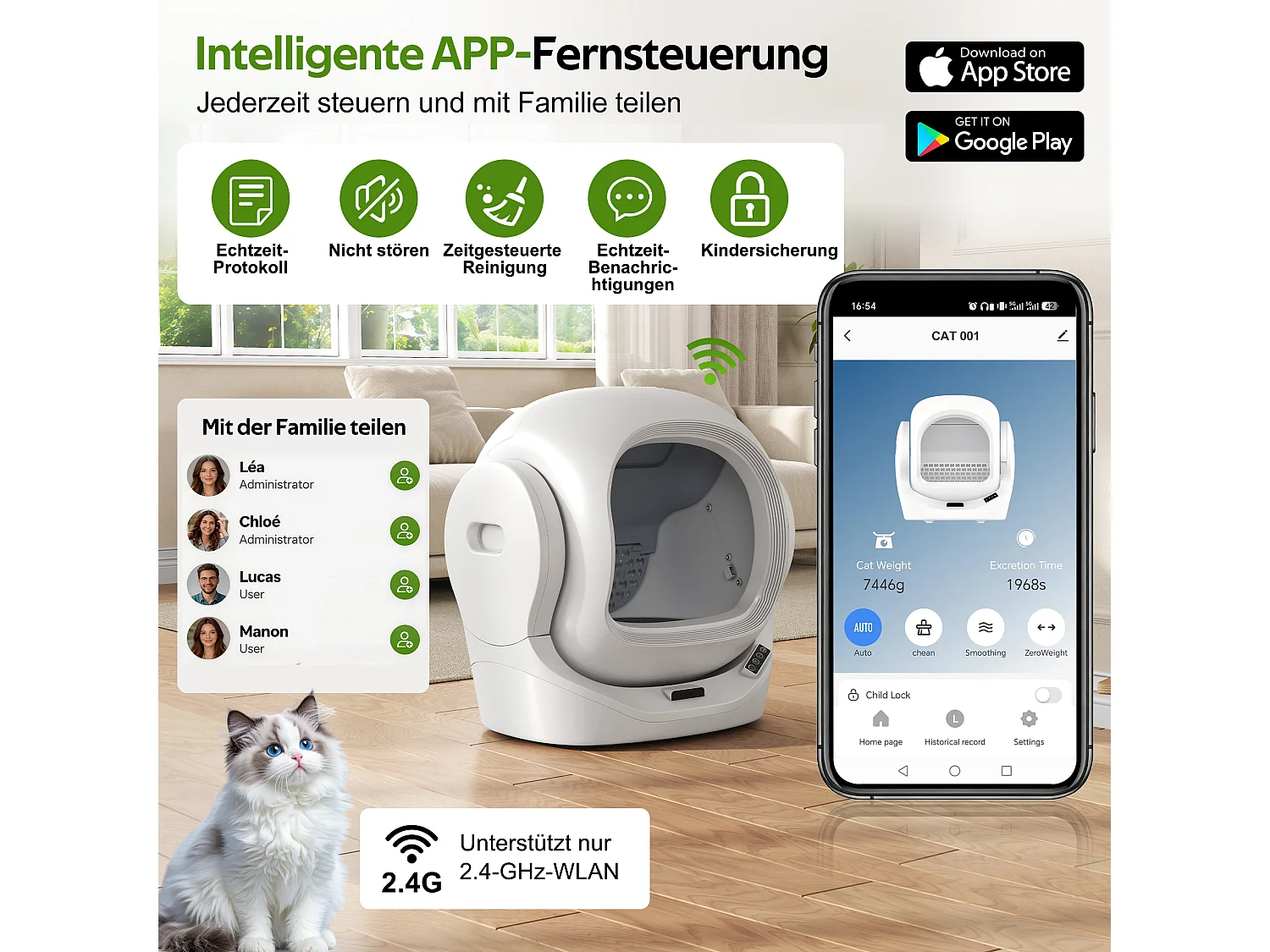 Bac à litière intelligent - contrôlable via application - grande capacité de 68 L, poubelle de 8 L - sécurité enfant - blanc