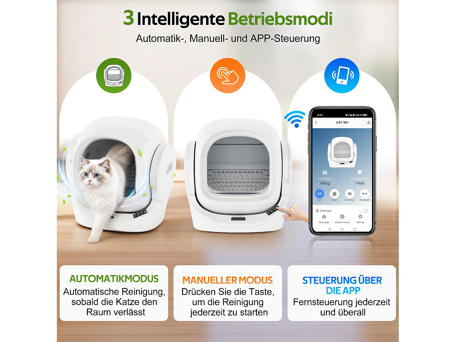 Bac à litière intelligent - contrôlable via application - grande capacité de 68 L, poubelle de 8 L - sécurité enfant - blanc