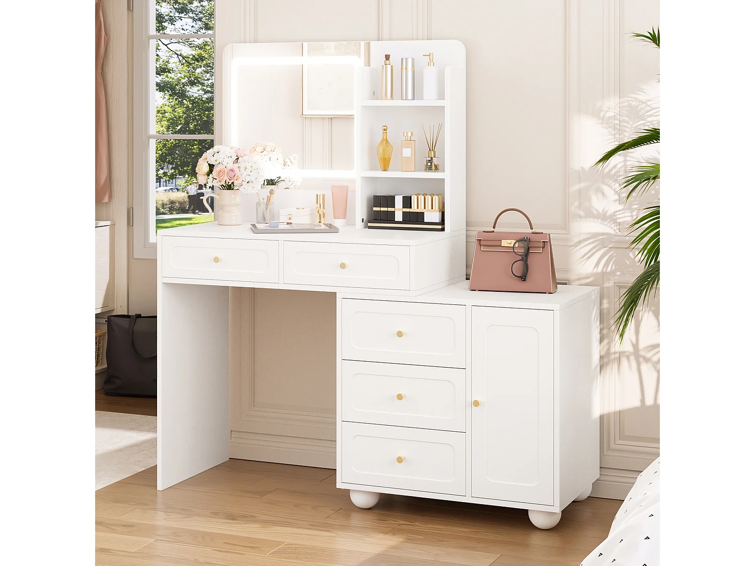 Witte kaptafel met LED-spiegel en 5 lades - MDF-hout