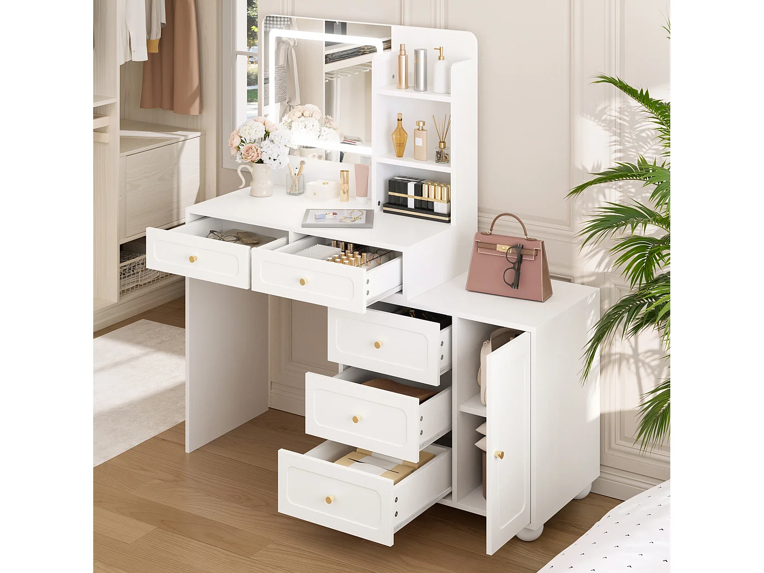 Witte kaptafel met LED-spiegel en 5 lades - MDF-hout