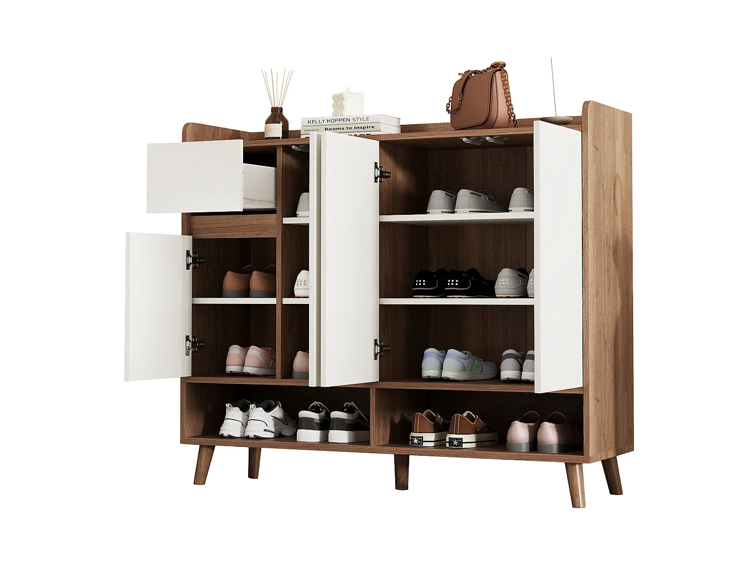 Meuble à chaussures avec 4 portes et 1 tiroir - Blanc et bois foncé 120 x 35 x 99 cm